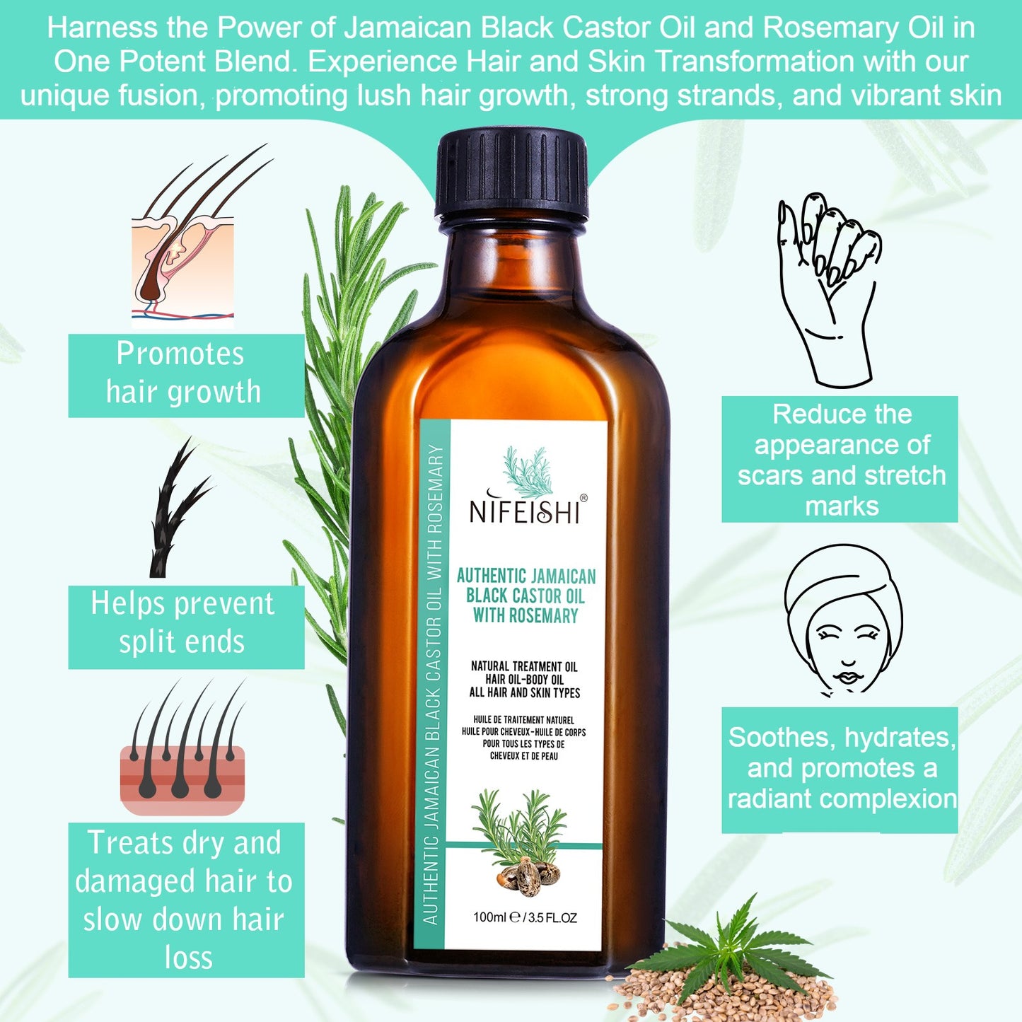 Jamaican Black Castor Oil and Rosemary Oil Blend For Hair Growth & Skin Care 100ml