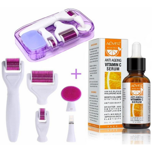 Aliver 6 in 1 Derma Roller Microneedle Set + Aliver Vitamin C Serum Skincare Set