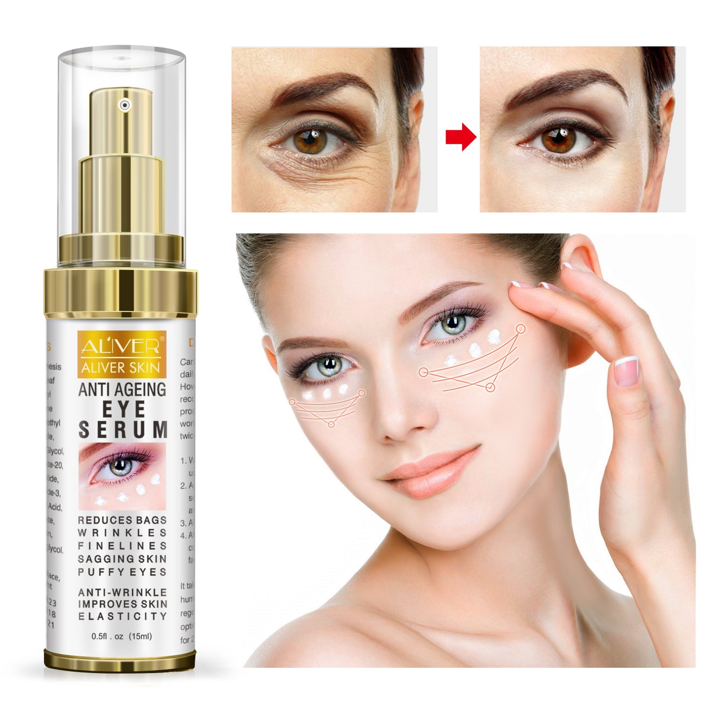Aliver Anti Ageing Eye Serum / Eye Cream for Dark Circles, Puffiness & Crows Feet - Anti Wrinkle Eye Serum