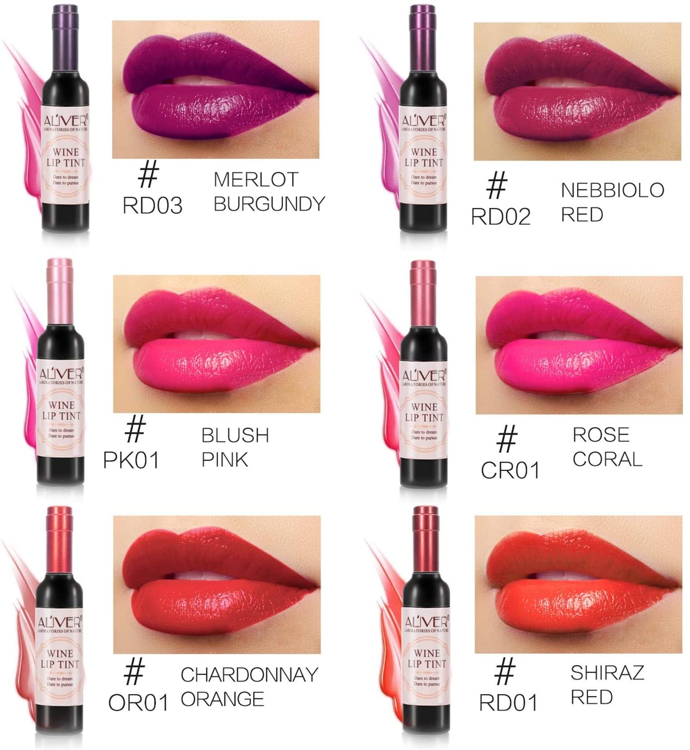 Aliver Wine Lip Tint, Waterproof Non-Stick Liquid Matte Wine Lip Gloss - 6 Colors Pack