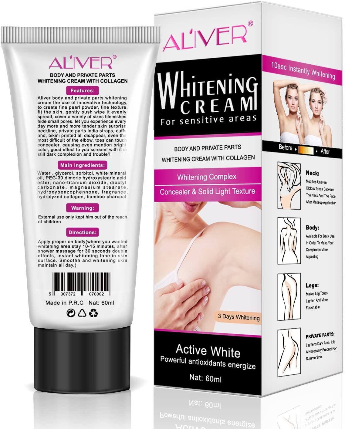 Aliver Natural Private Parts Whitening Lightening Skin Cream for Intimate Body Parts Underarm Bikini Legs Nipples