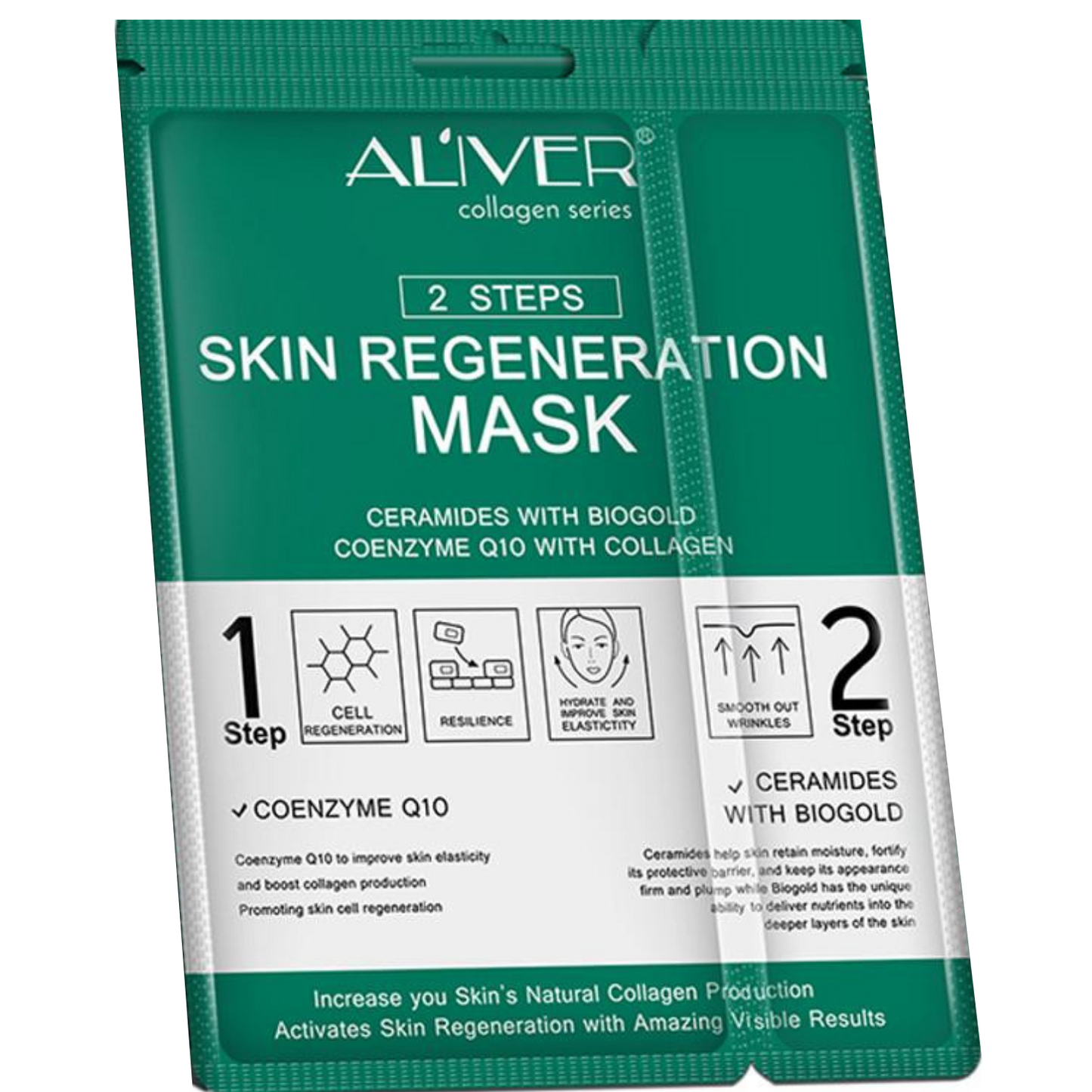 Aliver Skin Regeneration Brightening Anti-Aging Anti-Wrinkle Face Mask with Ceramides, Biogold, Co-Enzyme Q10 and Collagen - Pack of 5 Masks