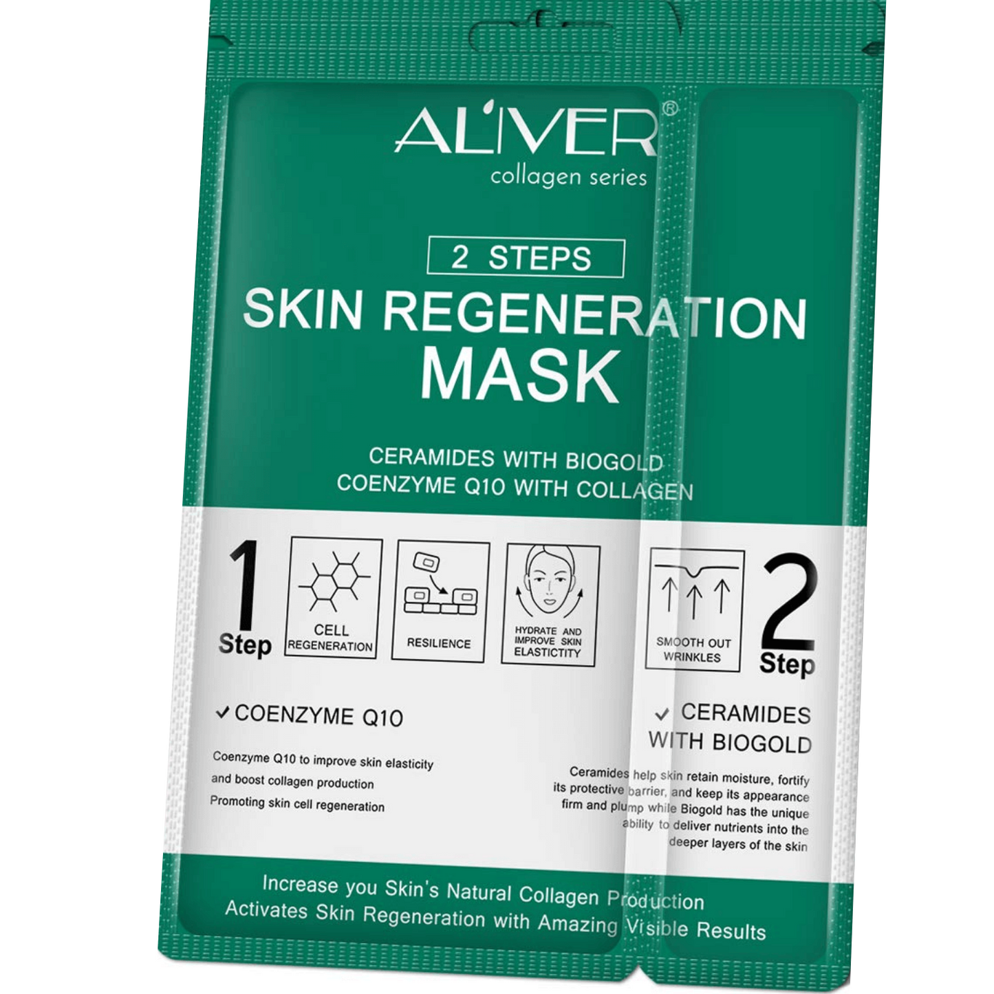 Aliver Skin Regeneration Brightening Anti-Aging Anti-Wrinkle Face Mask with Ceramides, Biogold, Co-Enzyme Q10 and Collagen - Pack of 5 Masks