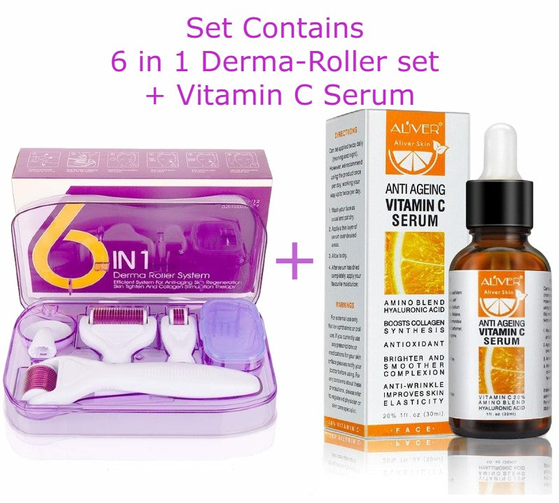 Aliver 6 in 1 Derma Roller Microneedle Set + Aliver Vitamin C Serum Skincare Set