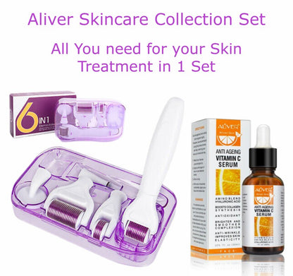 Aliver 6 in 1 Derma Roller Microneedle Set + Aliver Vitamin C Serum Skincare Set