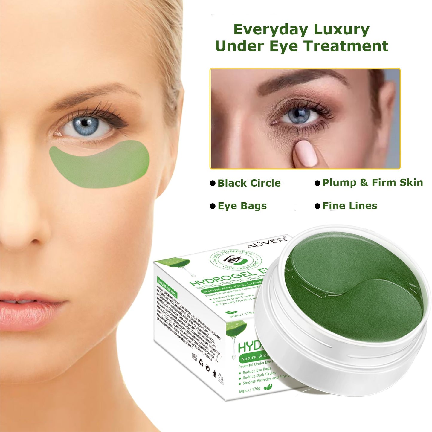 Aliver Under Eye Hydrogel Collagen & Aloe Vera Mask Patches Under Eye Treatment for Dark Circles, Eye Bags, Fine Lines - 60pcs Pack